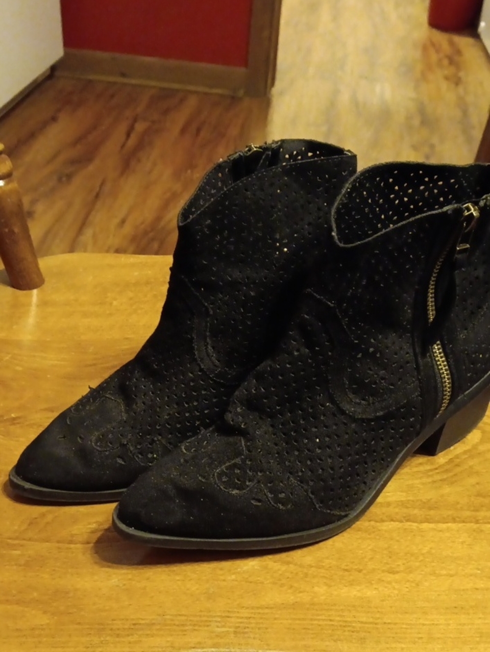 Qupid Black Perforated Western-inspired Ankle Booties with Side Zip
